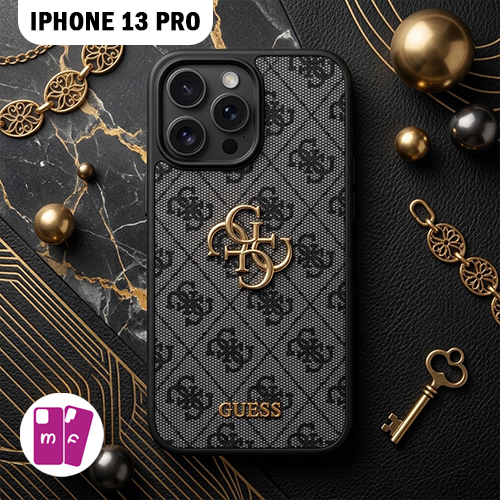 Coque iPhone 13 Pro Guess Noir Luxe – Motif Monogram & Logo Doré .